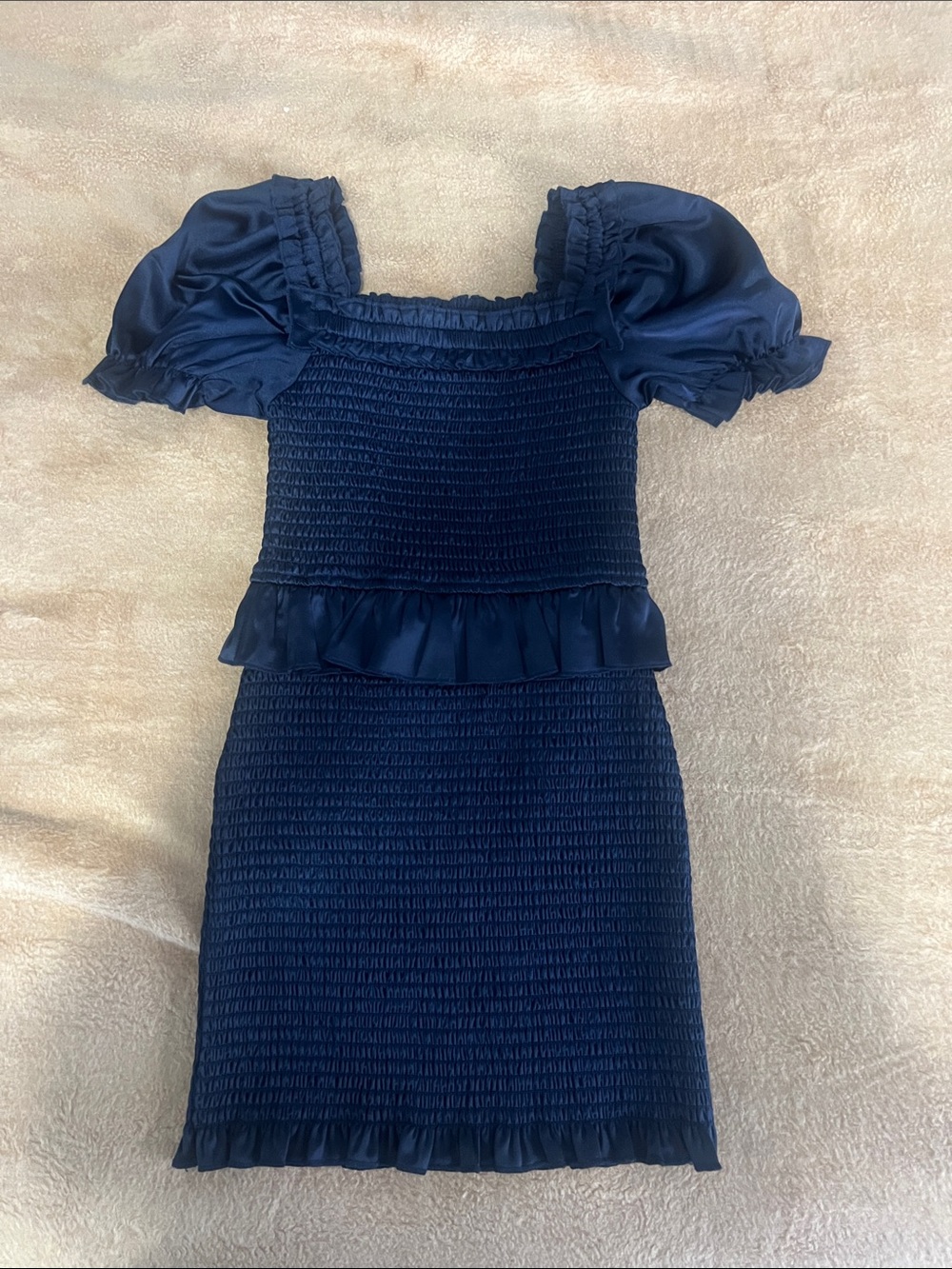 Katie J NYC Navy Smocked Puff Sleeve Ruffle Dress
